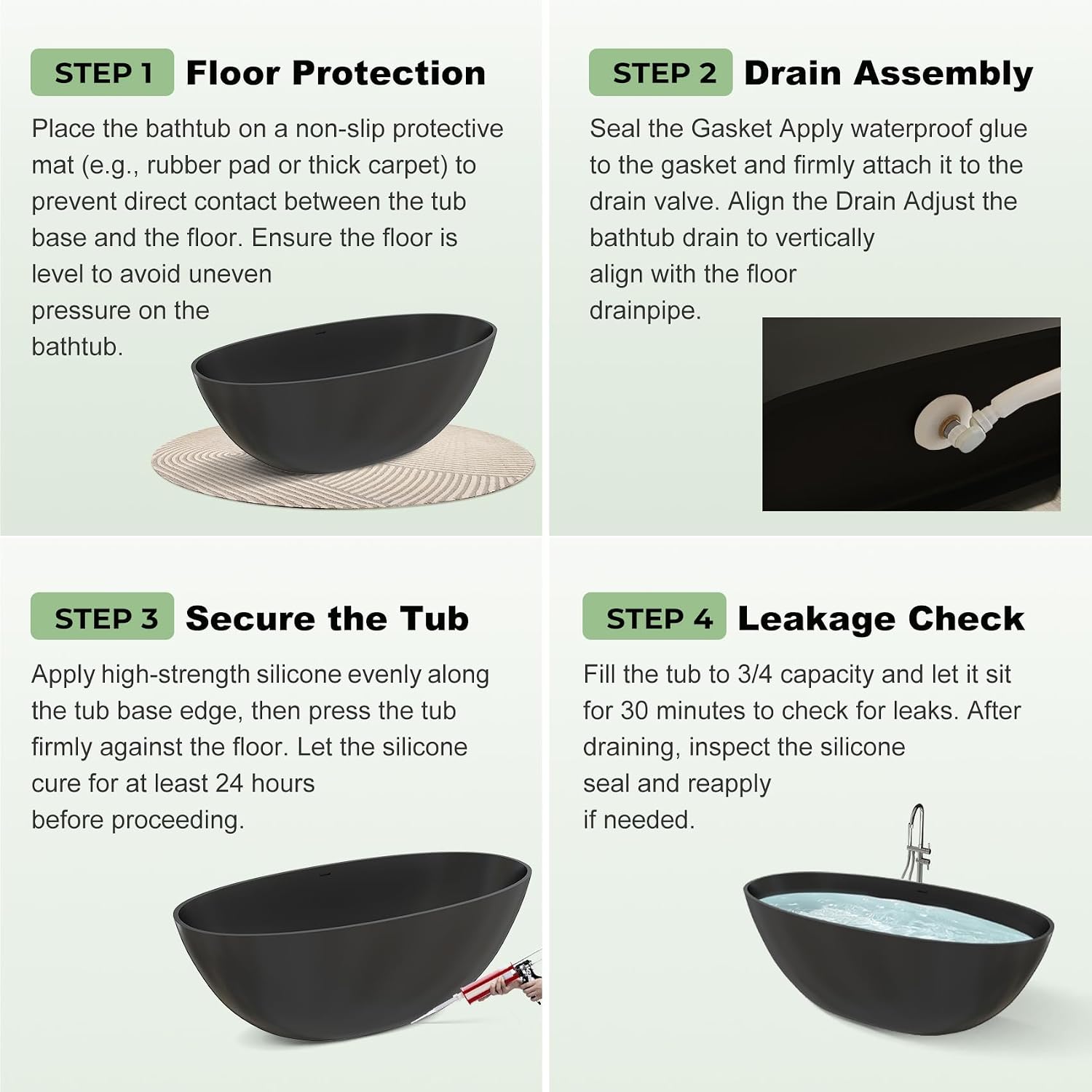 65' Premium Matte Black Solid Surface Freestanding Bath Tub, Oval Stone Resin Tub with Overflow and Pop-up Drain