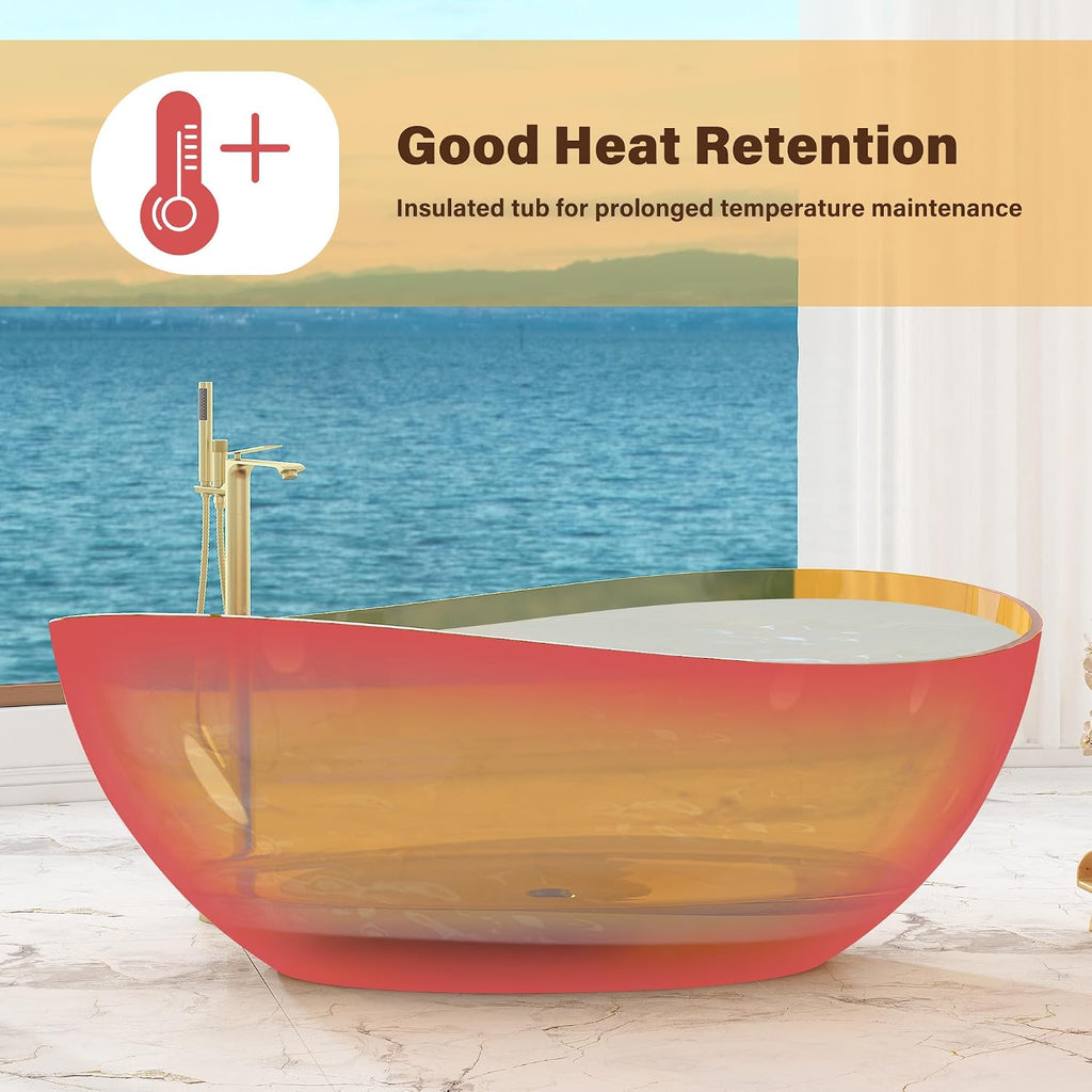 CASAINC 63' Freestanding Bathtub Transparent Resin Soaking Tub Modern Oval Design Stand Alone Tub with Pop-up Drain, 65.52 Gallons Water Storage Capacity and 385 MM Soaking Depth, Transparent Coffee