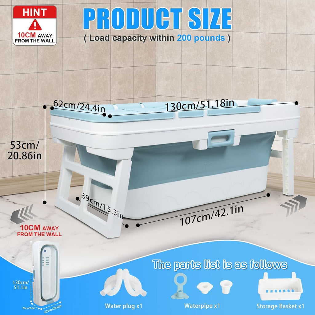 Foldable Bathtub for Adults, 55 inch Large Portable Bath tub with Storage Basket, Freestanding Surround Collapsible Bathtub, No Lid, Hot Bath, Ice Bath (Blue C, 130cm)