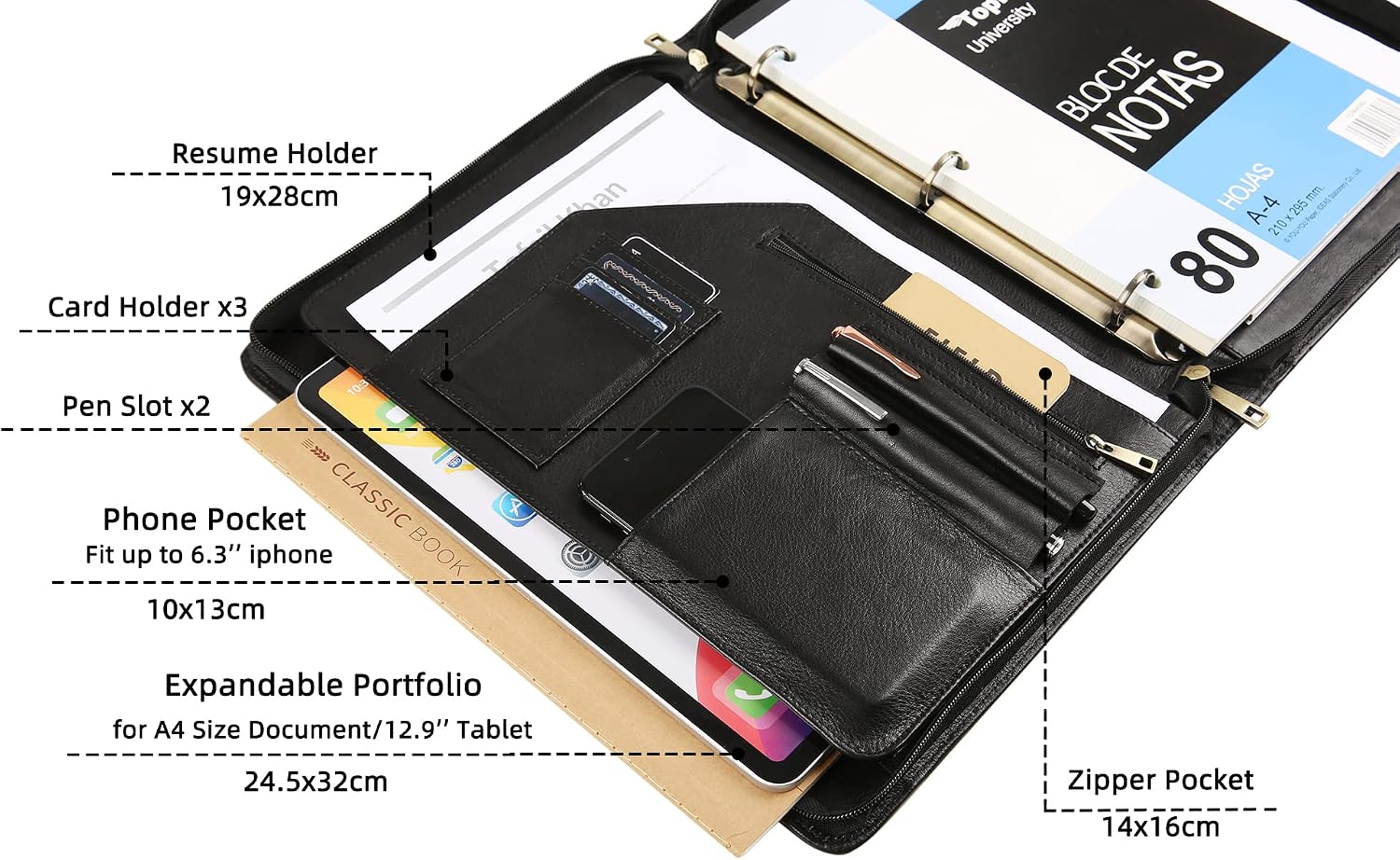 Leather Binder 3 Ring, Oil Tanned Portfolio with Notepad, Zippered Padfolio for Lawyer, Business Gift for Men/Women (Black, Non-Custom)
