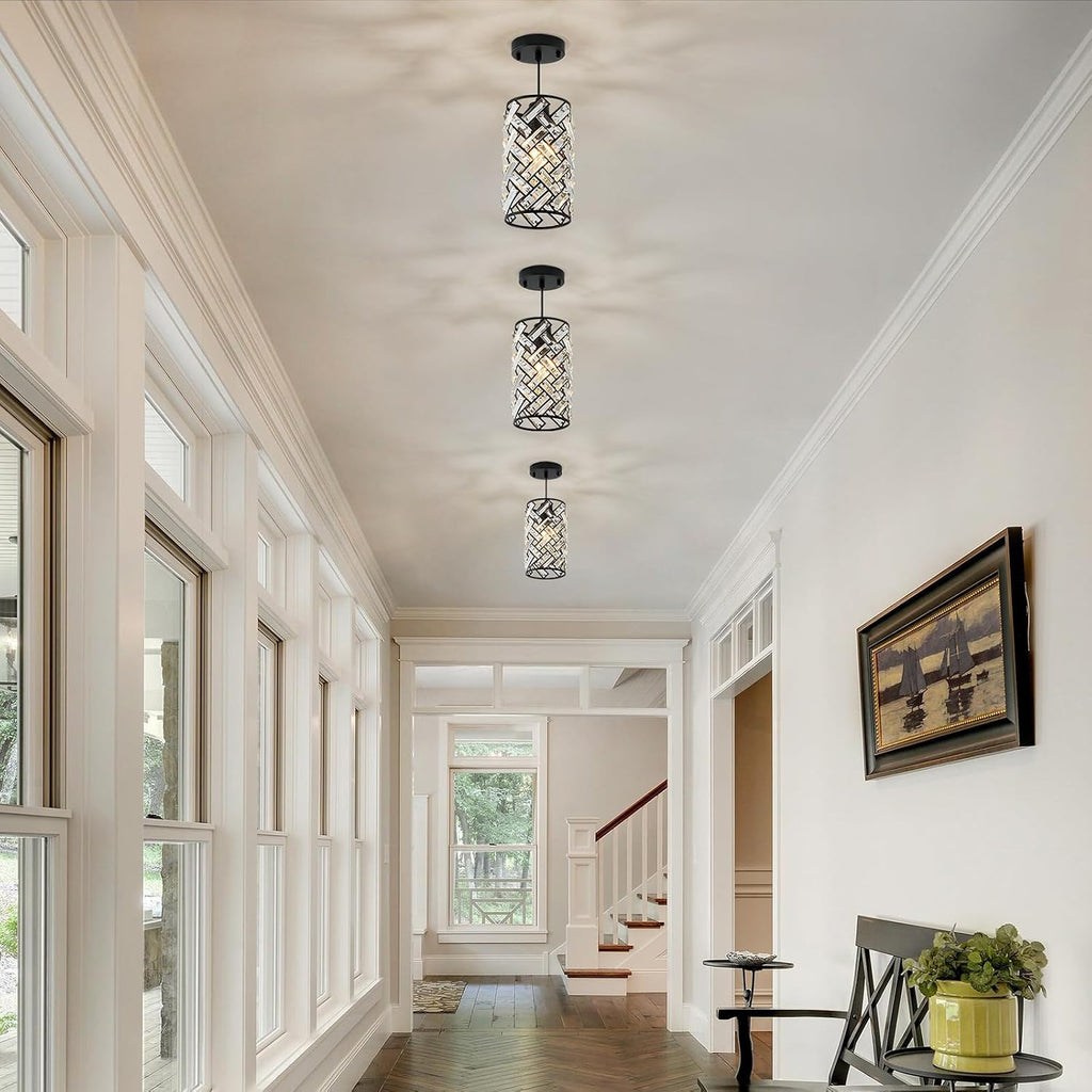 CATINER Modern Black Crystal Pendant Light Fixture, Mini Chandelier 3-Pack for Kitchen Island, Dining Room, Living Room, Hallway, Porch, Bedroom Lighting
