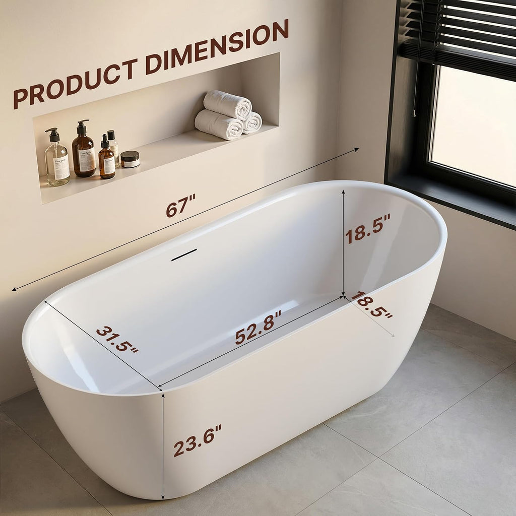67' Freestanding Bathtub, Oval Deep Soaking Tub for Bathing, Modern Stand Alone Acrylic Bath Tub, with Integrated Overflow & Pop-Up Drain, cUPC Certified, Glossy White Finish