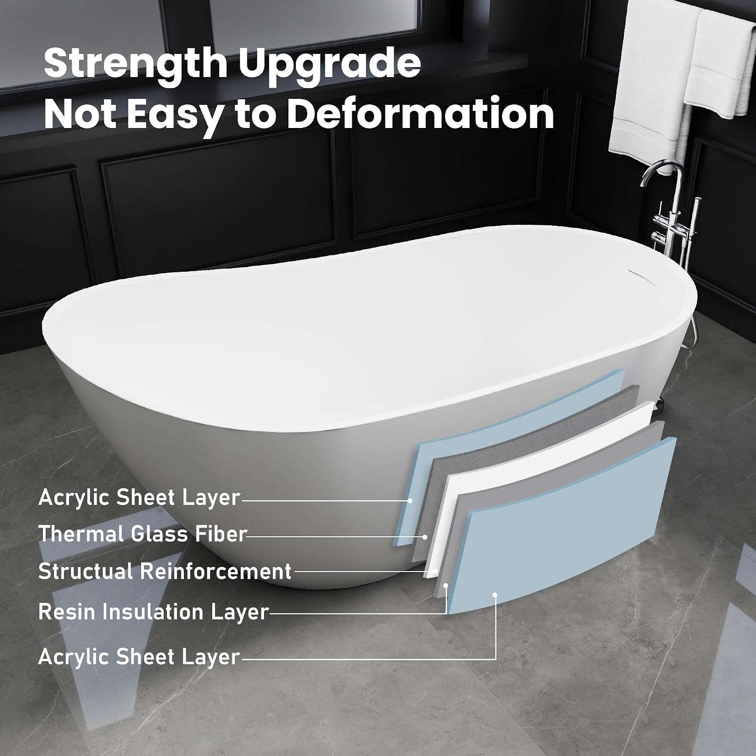 67' Acrylic Free Standing Tub, High-Back Freestanding Bathtub, Soaking Tub with Overflow and Drain, Gloss White
