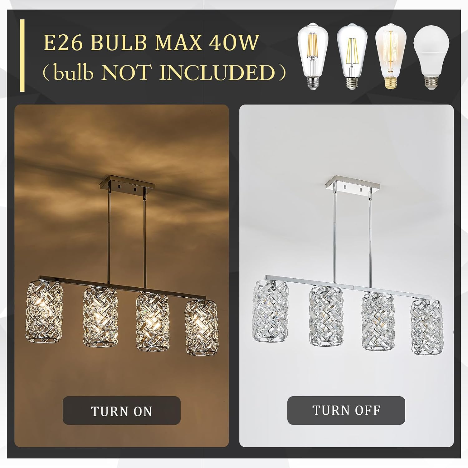 CATINER Chrome Crystal Kitchen Island Lighting 40' Modern Linear Chandelier, 4 Lights Polished Chrome Ceiling Pendant Light Fixture Over Table for Dining Room Living Room