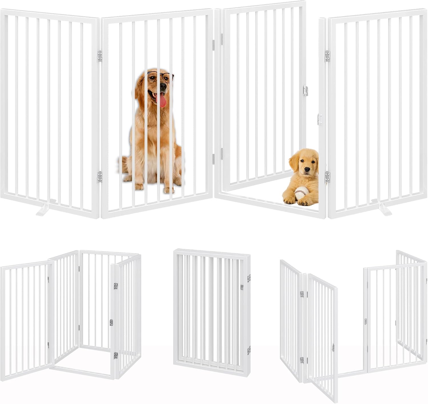 Vantas Folding No-Assembly Metal Pet Gate 80' Wide, 32' Extra Tall Dog Gate with Door Walk Through, Freestanding Accordion Puppy Gate Dog Door for Indoor & Outdoor, with 2PCS Support - White