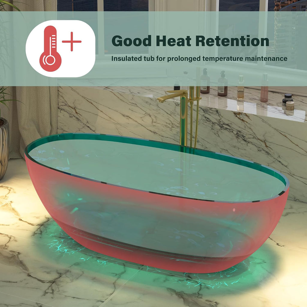 CASAINC 67' Soaking Tub Transparent Resin Freestanding Bathtub Modern Oval Design Stand Alone Tub with Pop-up Drain, 73.32 Gallons Water Storage Capacity and 415 MM Soaking Depth, Transparent Sea Blue