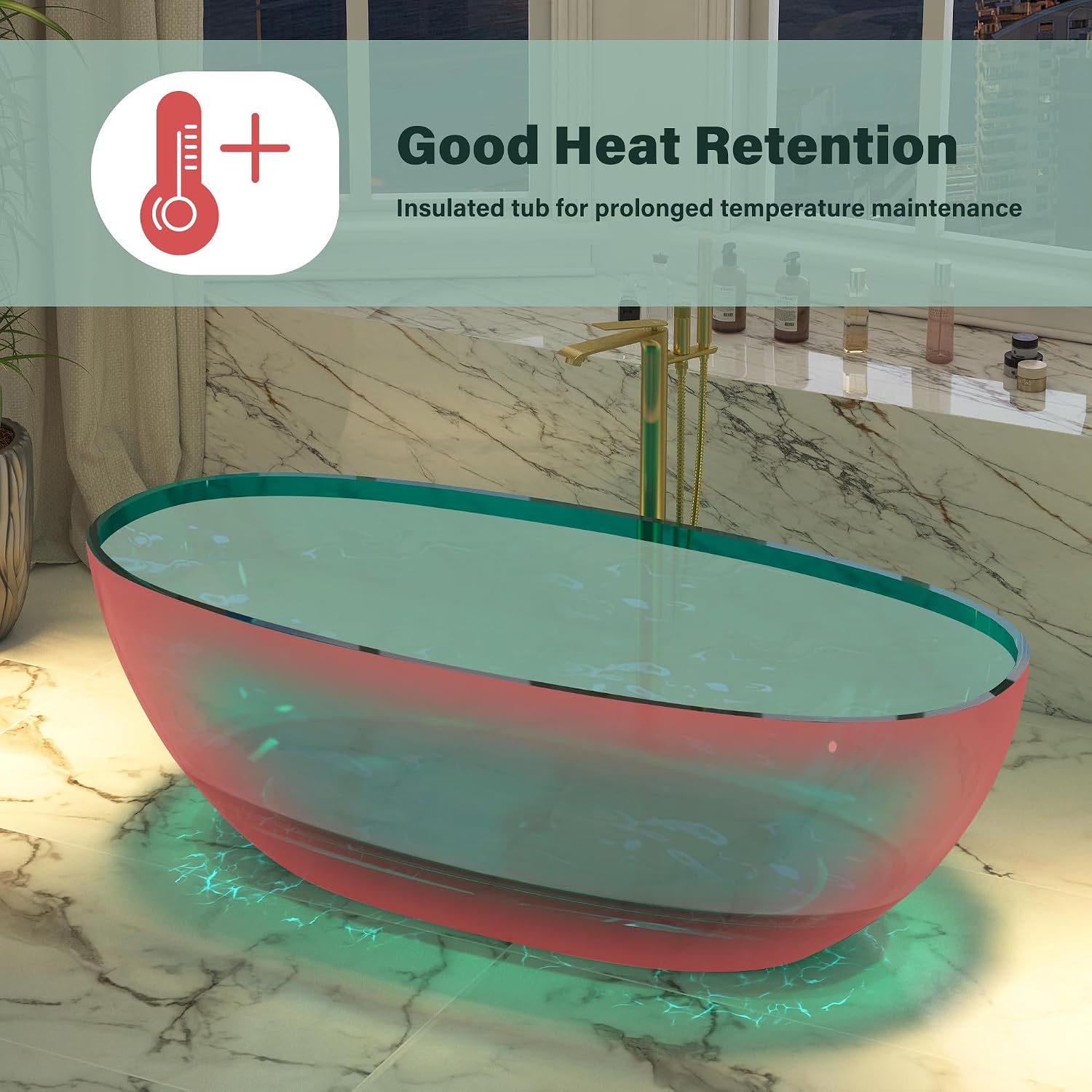 CASAINC 67' Soaking Tub Transparent Resin Freestanding Bathtub Modern Oval Design Stand Alone Tub with Pop-up Drain, 73.32 Gallons Water Storage Capacity and 415 MM Soaking Depth, Transparent Sea Blue