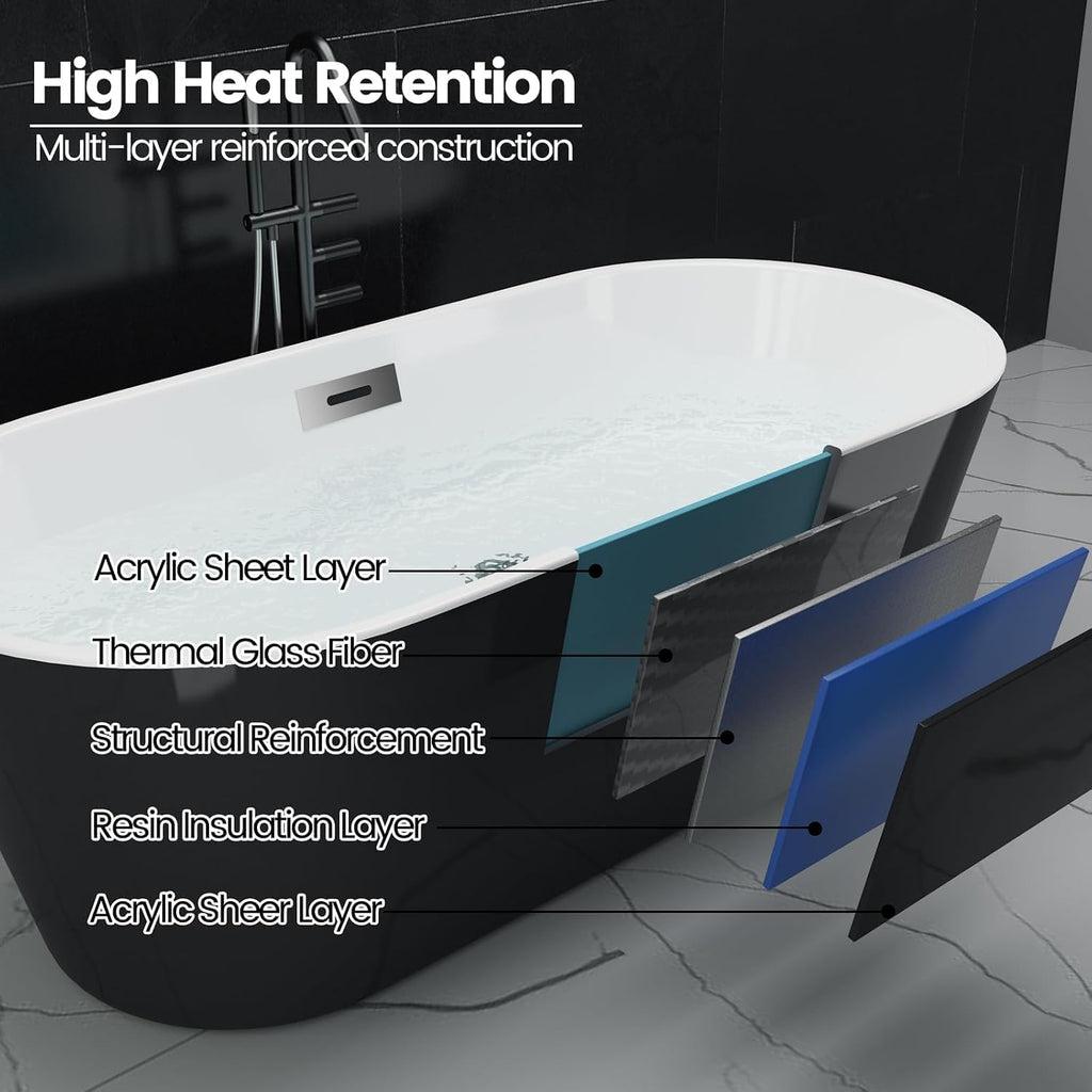 67' Acrylic Freestanding Bathtub, Free Standing Soaking Tub, Free Standing Tub with Overflow and Matte Silver Drain, Modern Bathtub for Bathroom, Hotel, Easy to Install, CUPC Certified, Black, Sky