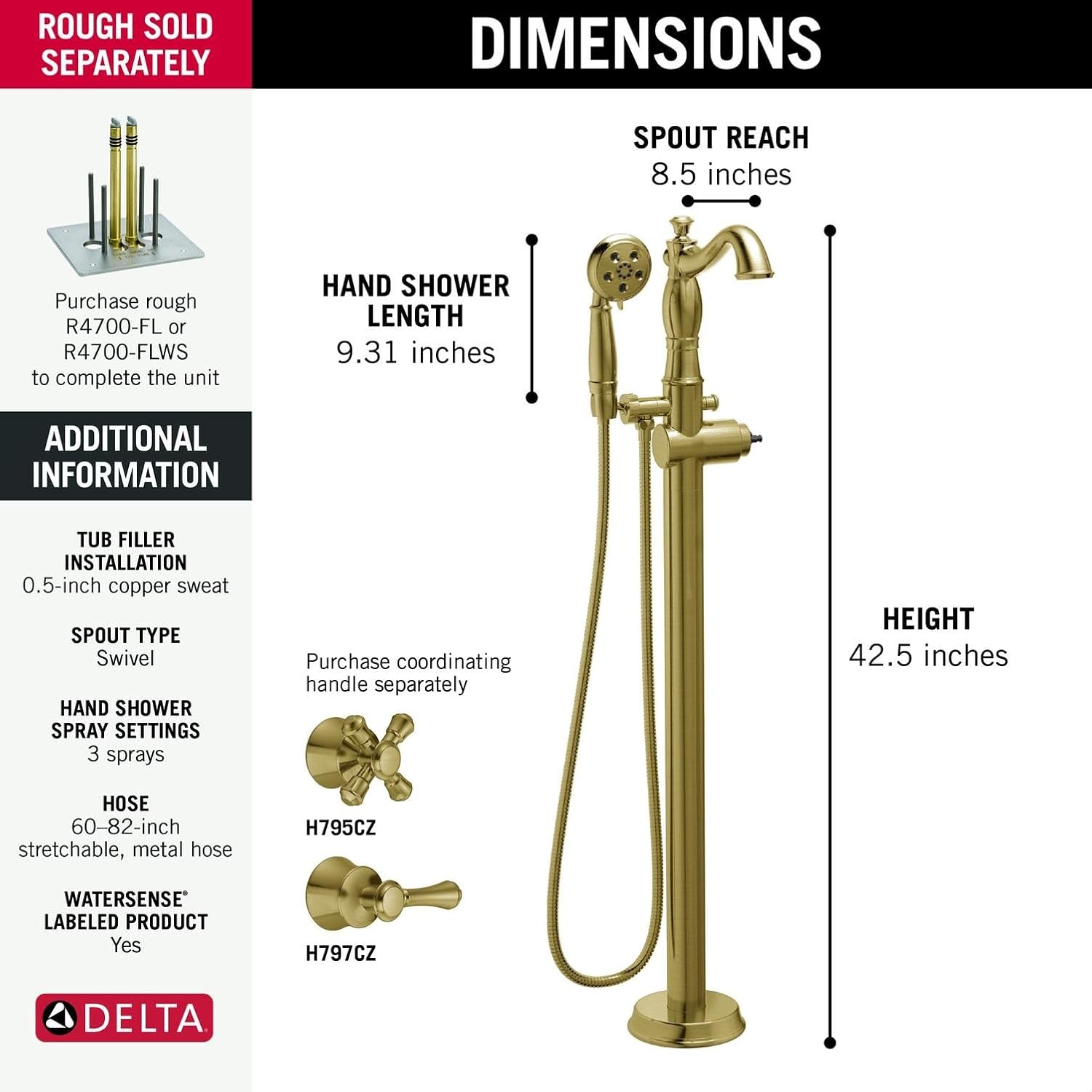 Delta Freestanding Tub Faucet with Hand Held Shower, Brushed Gold Floor Mount Tub Filler, Champagne Bronze T4797-CZFL-LHP (Valve and Handle Not Included)