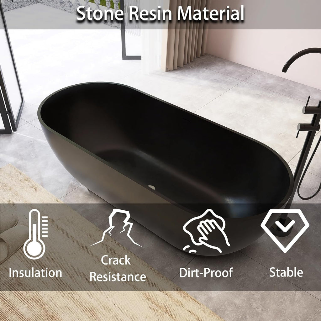 Oval 69' Freestanding Tub, Solid Surface Bathtub Matte Black | Stone Resin, Overflow and Pop up Drain, Solid Surface Bathroom Soaking Tub, Cupc Certified, Contemporary