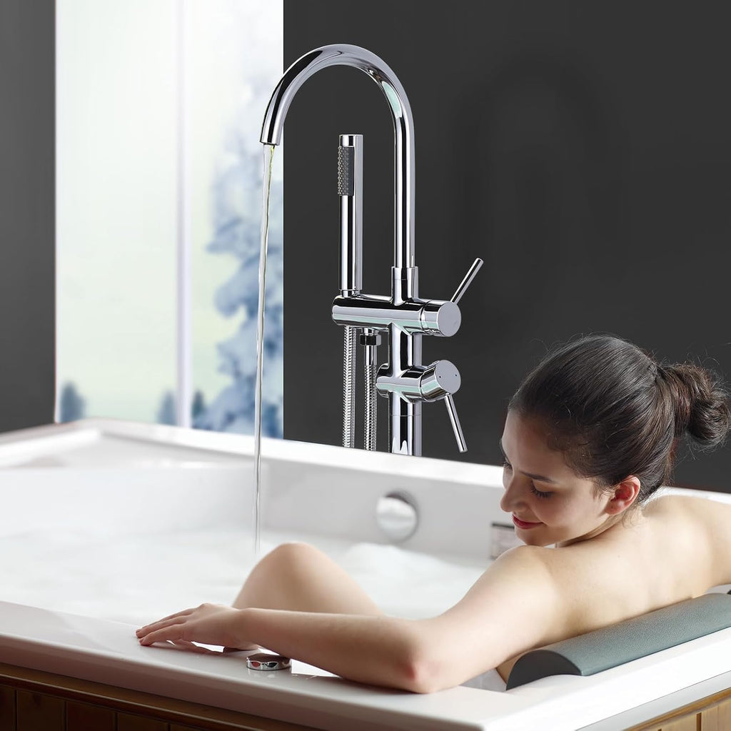 Freestanding Tub Filler Faucet, Floor Mount Chrome Bathtub Faucet with Single Handheld Shower, Brass Shower Tub Faucet Set Complete, Bathtub Faucet with Shower