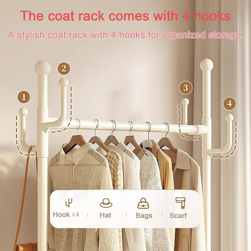 Rolling Clothes Rack With Wheels,Storage Basket,4 Hooks,Freestanding Garment Racks Hanger Stand,Coat Rack,Metal Organizer For Entryway Bedroom Living Room(White,60cm(23.6in))