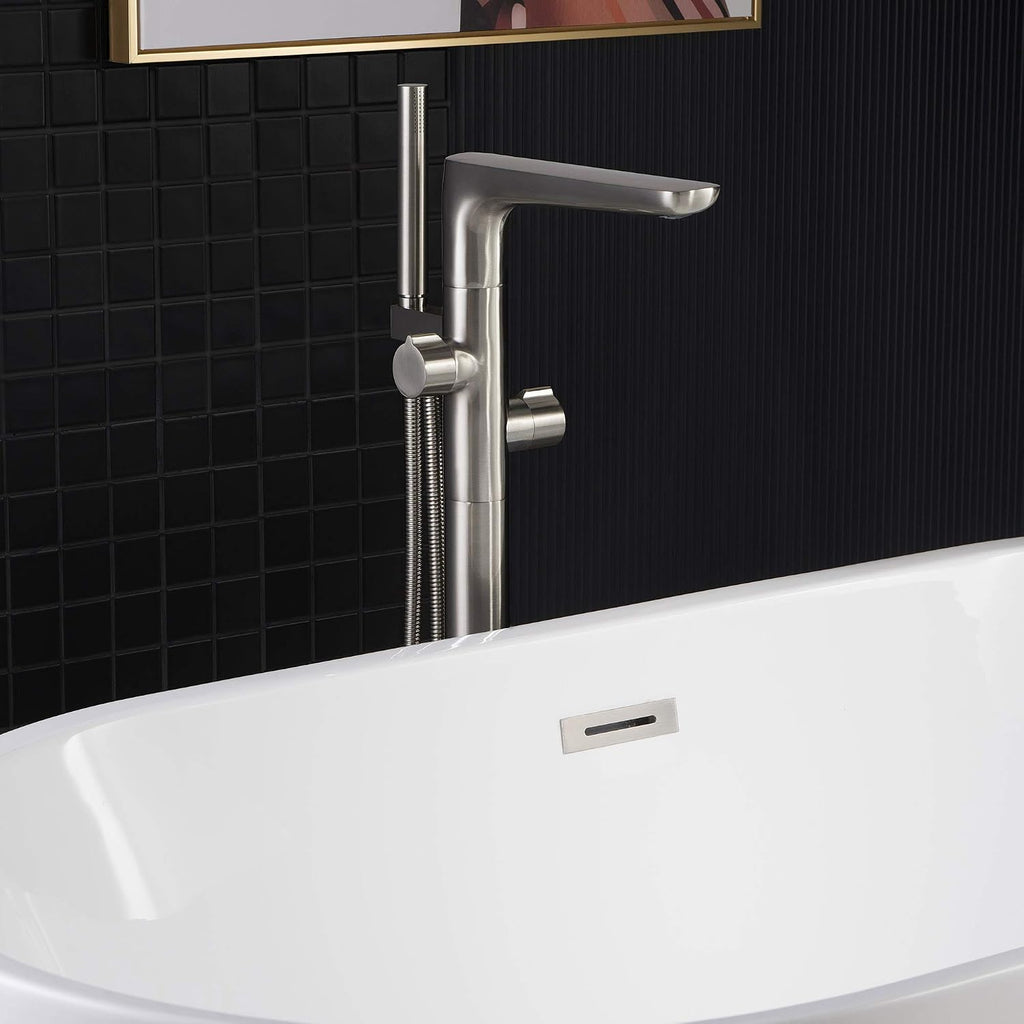 WOODBRIDGE Contemporary Single Handle Floor Mount Freestanding Tub Filler Faucet with Hand shower in Brushed Nickel Finish,F0014BN