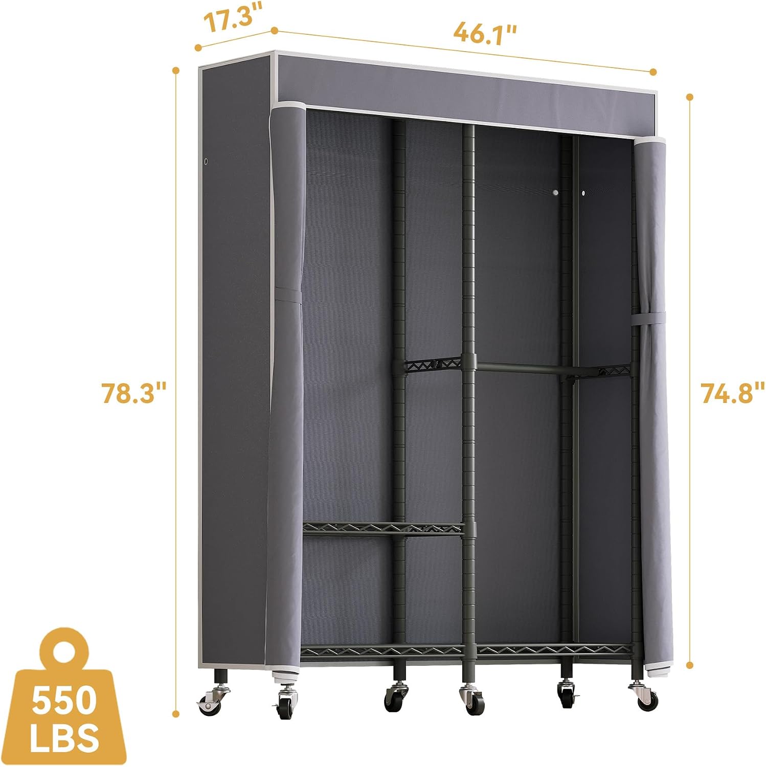Higeego H9 Heavy Duty Rolling Clothes Rack with Cover, Covered Garment Rack with Wheels and Shelves, Wardrobe Closet, Portable Closet for Hanging Clothes, Black Clothing Rack with Grey Cover