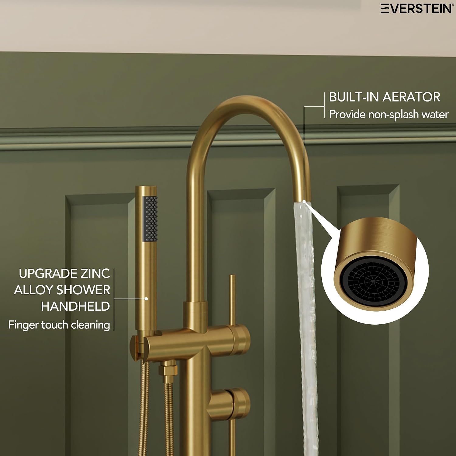 Freestanding Bathtub Faucet with Dual Handle Brass Tub Filler, Floor Mount Gooseneck Swivel Spout and Handheld Shower, Brushed Gold