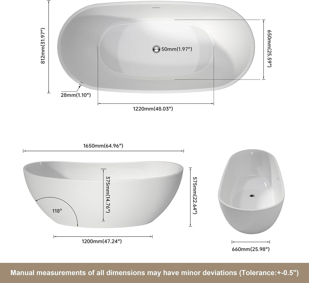 65'' Freestanding White Acrylic Bathtub, Oval Soaking Tub