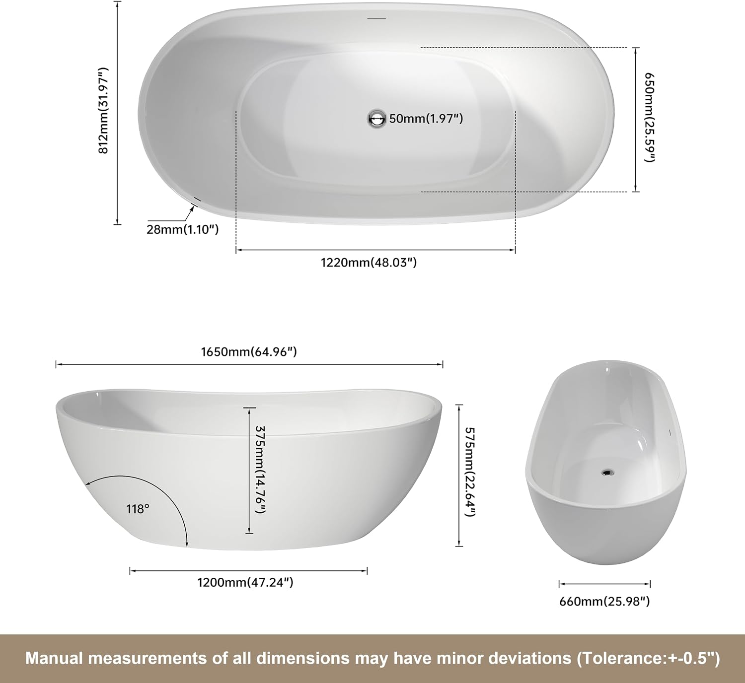 65'' Freestanding White Acrylic Bathtub, Oval Soaking Tub