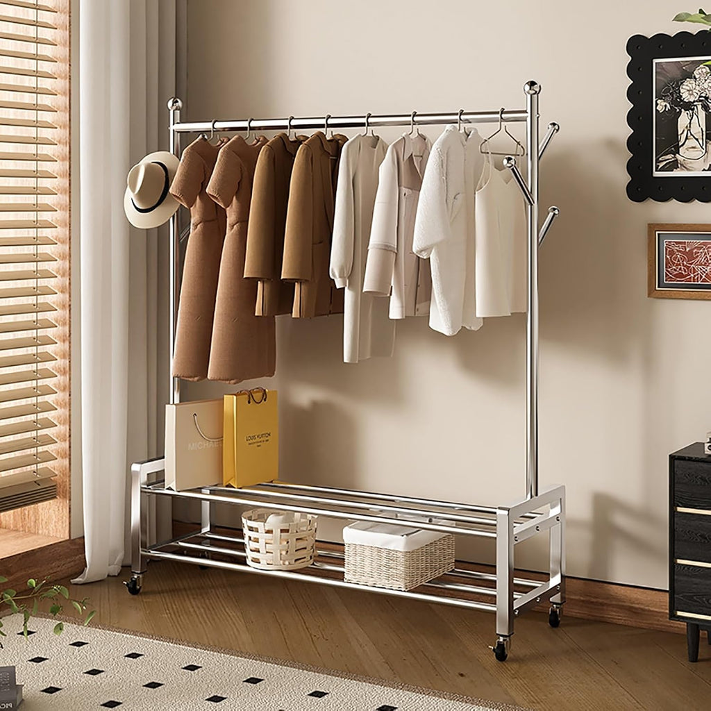 Heavy Duty Clothes Rack, Metal Garment Rack On Wheels, Rolling Portable Wardrobe Racks With Mesh Shelves For Hanging Clothes, Silver(80cm/31.5in)