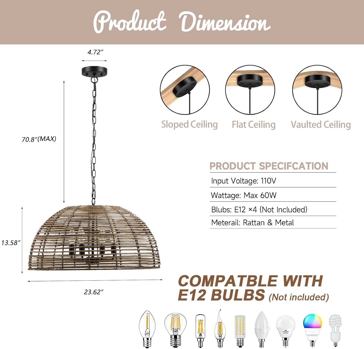 OCIOC Rattan Pendant Lighting, 23.6' Kitchen Island Hanging Light Fixtures,Large Boho Hand-Woven Chanderlier, E26 Farmhouse Retro Ceiling Chandelier 4-Lights For Dining Room Kitchen Island Living Room