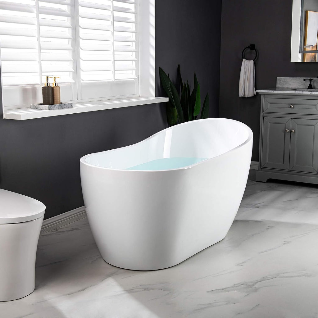 WOODBRIDGE 54'Freestanding White Acylic Soaking Bathtub with Brushed Nickel Drain and Overflow,B0006 -B-Drain &O