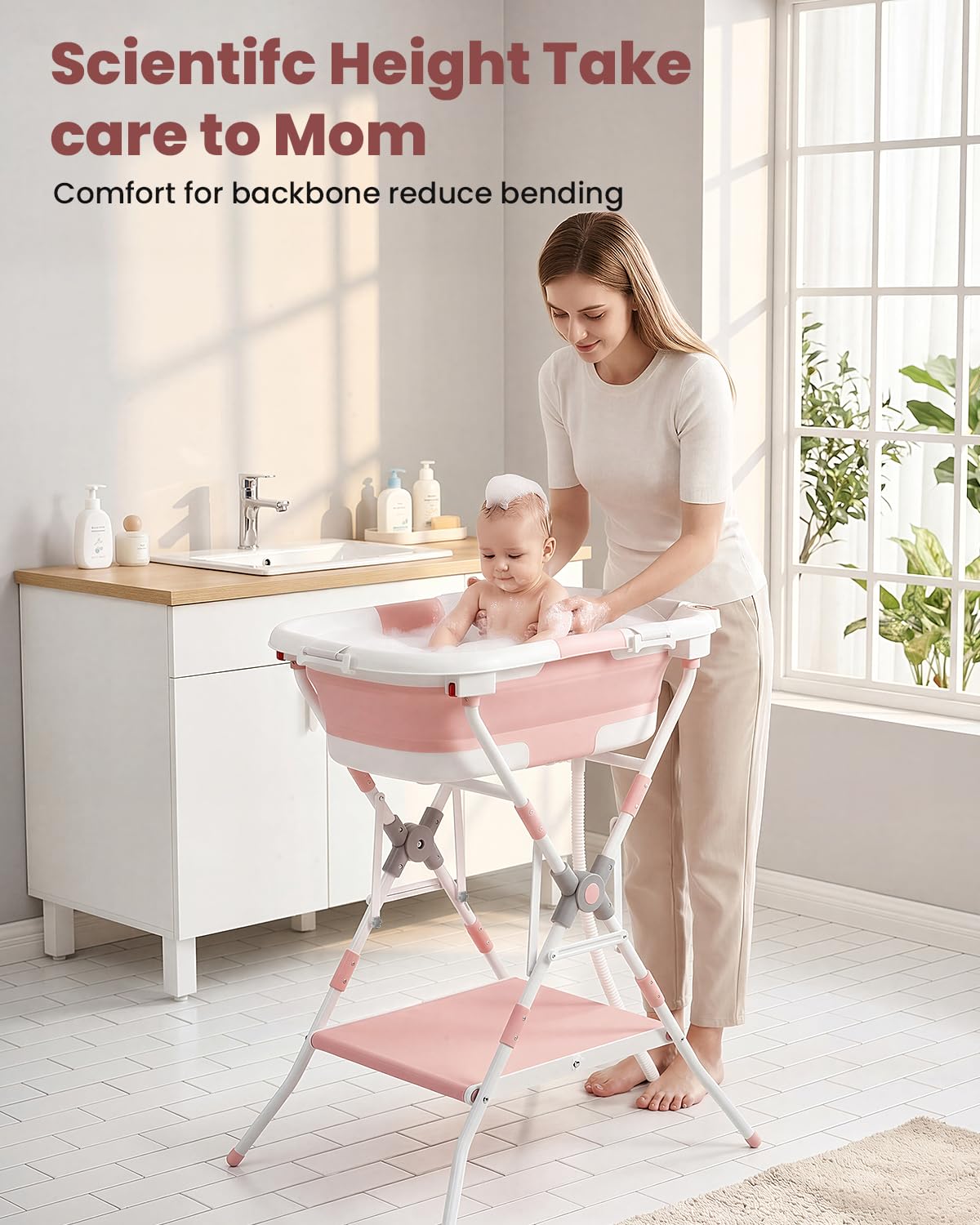 Baby Bathtub with Stand, 2-in-1 Collapsible Bath Tubs for Newborn to Toddler, Infant Bathtub with Folding Stand, Portable Bathtub for Baby Including Soft Cushion, Storage Pad (Pink)