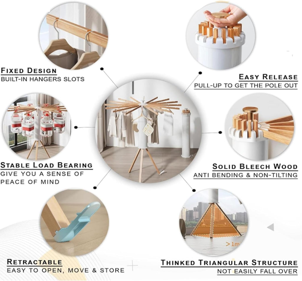Tripod Clothes Drying Rack,Foldable Laundry Stand/Collapsible Garment Rack- 360° Rotation, High Laundry Drying Rack With16 Poles/Pedal Buckle/Bearing 30kg,White