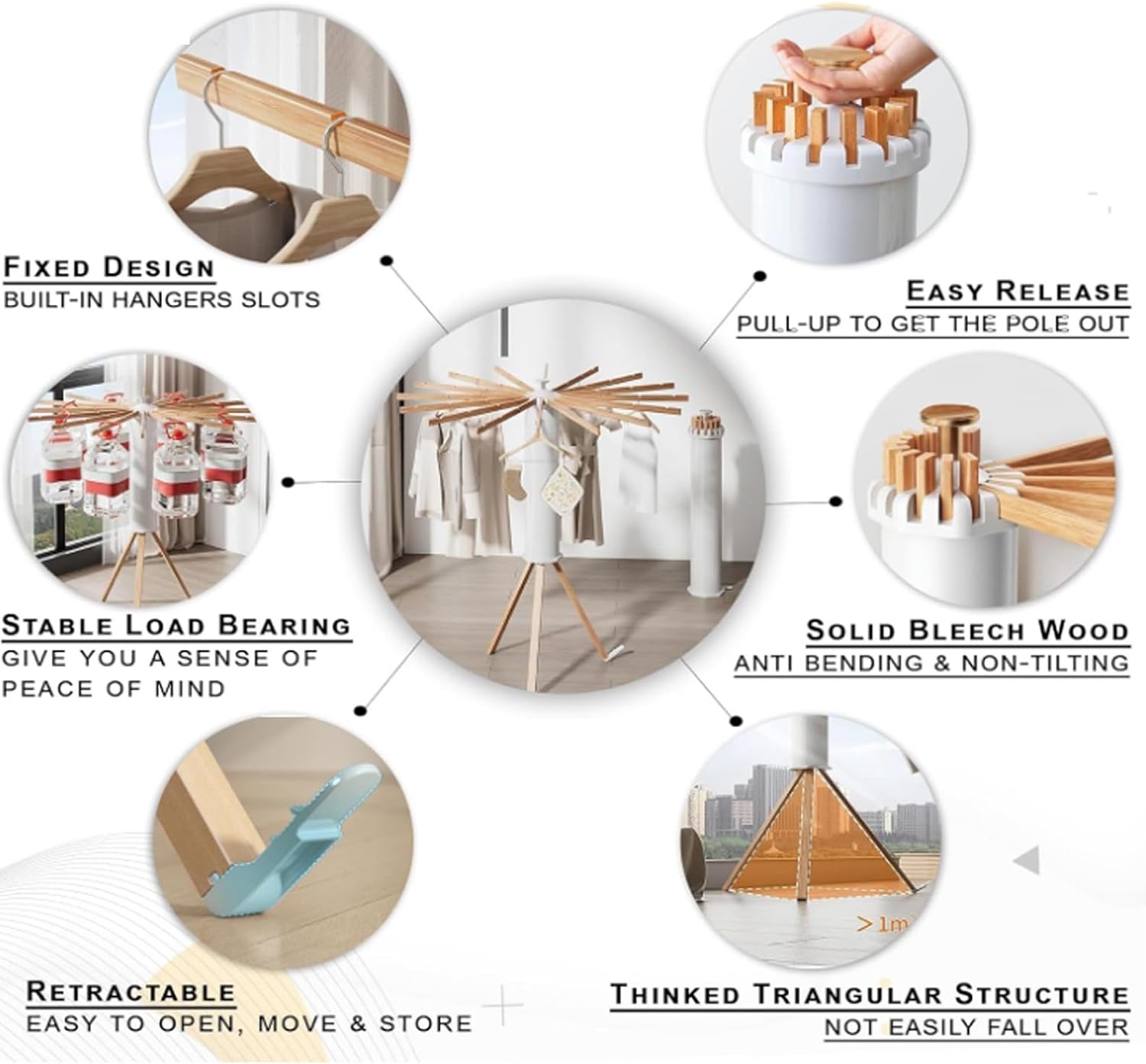 Tripod Clothes Drying Rack,Foldable Laundry Stand/Collapsible Garment Rack- 360° Rotation, High Laundry Drying Rack With16 Poles/Pedal Buckle/Bearing 30kg,White