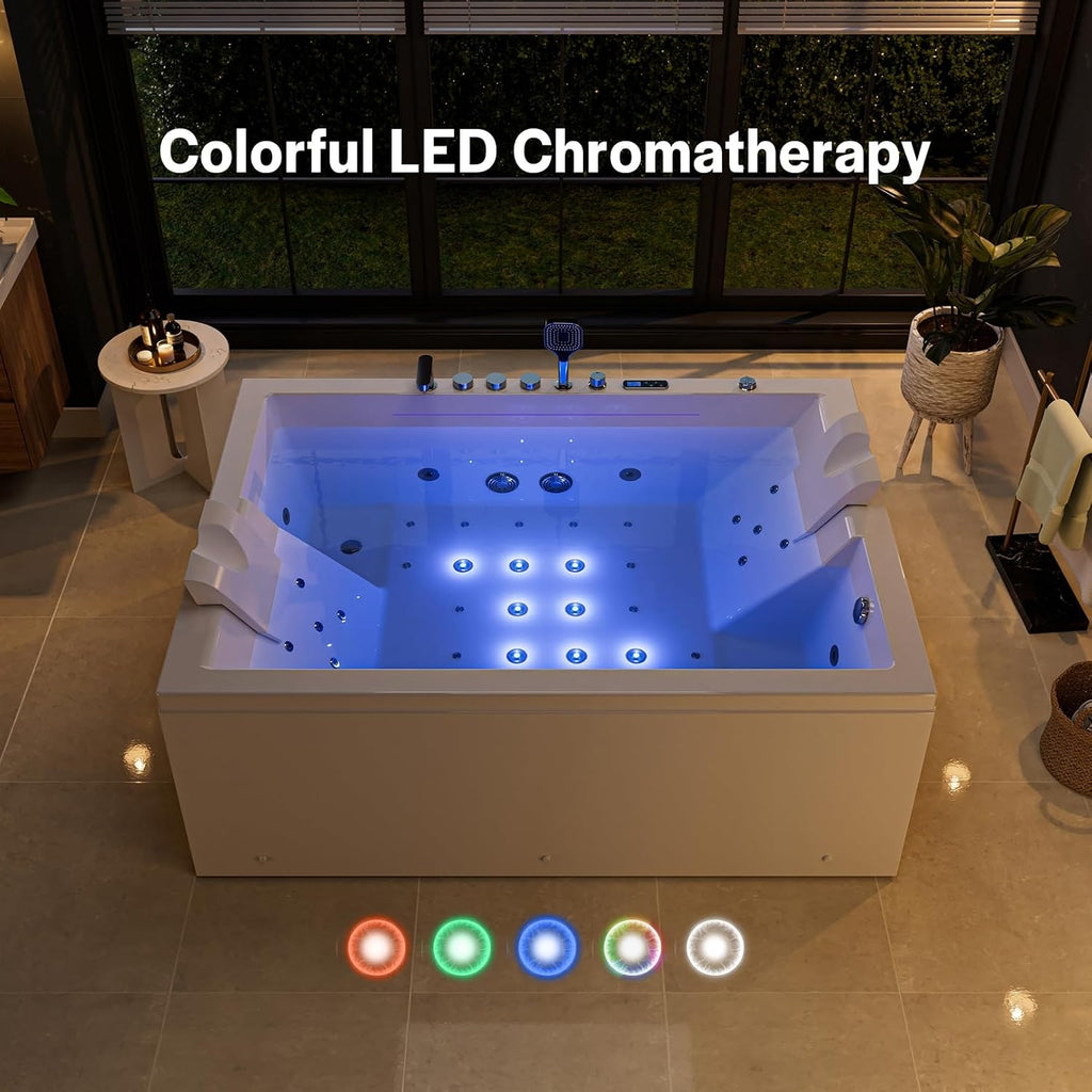 Empava PRO Series 71'x51' Jetted Bathtub, Alcove Spa Tub | 16 Hydro + 24 Air Jets, Chromotherapy & Waterfall | Thermostatic Control, Rectangular Acrylic Whirlpool Bathtub, White (ETL Certified)