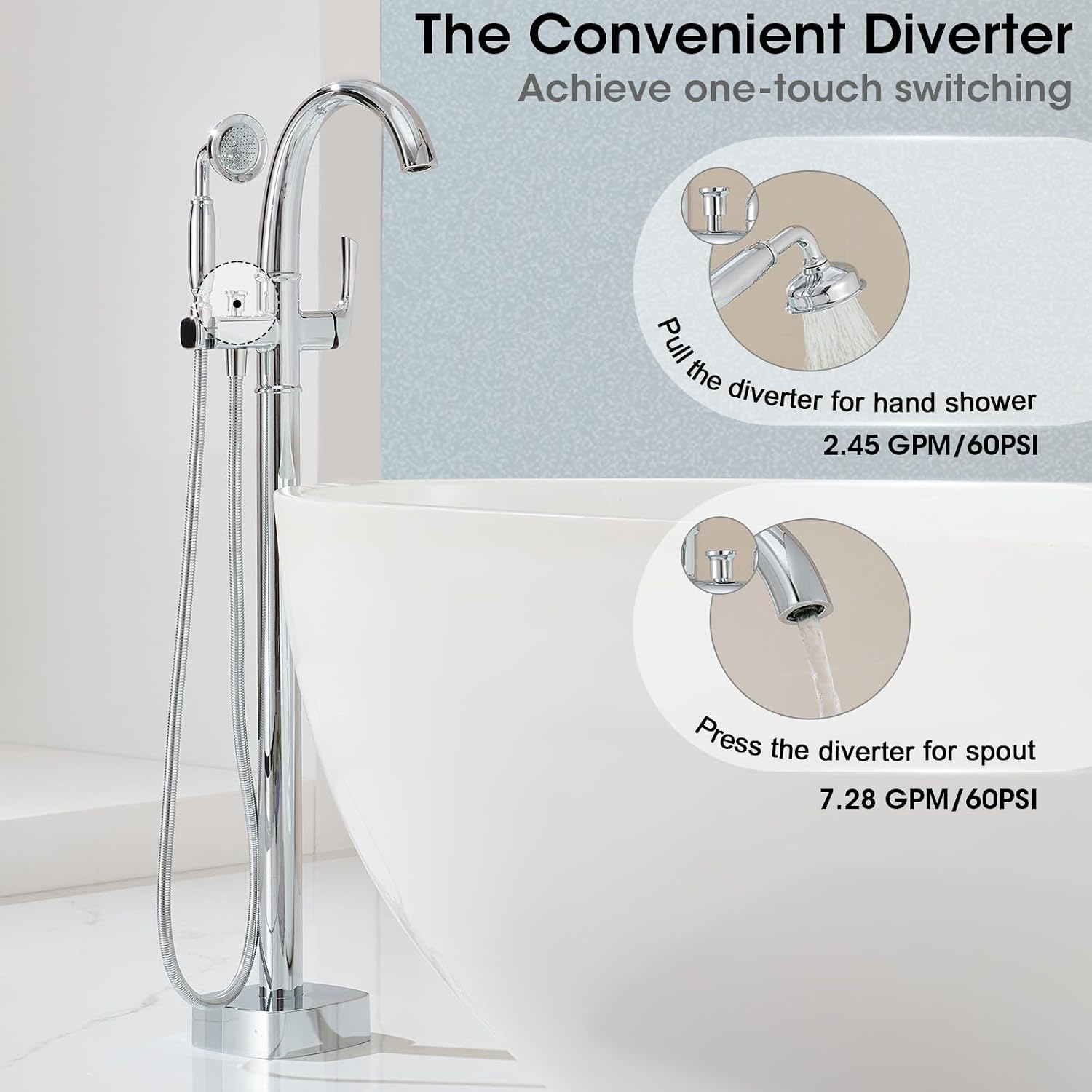Free Standing Tub Faucet, Jabbol Luxury Freestanding Bathtub Faucet with Sprayer, Brass Bathroom Floor Mount Tub Filler, Polished Chrome (JB-8811CP)