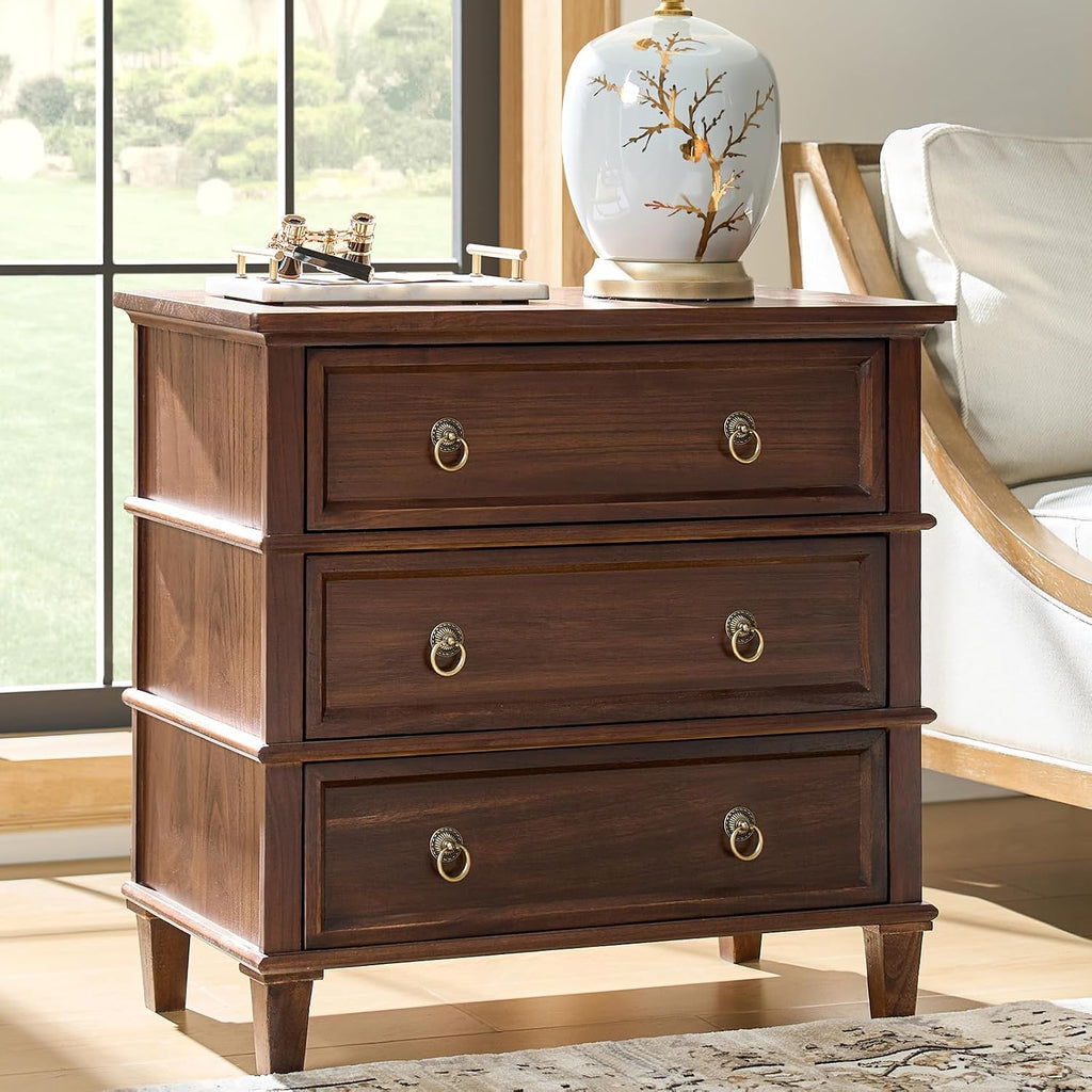 HULALA HOME Farmhouse End Tables Set of 2 with 3 Drawers, Paulownia Solid Wood Side Table with Vintage Knobs, Ancient End Table with Charging Station, Easy Assembly, Walnut