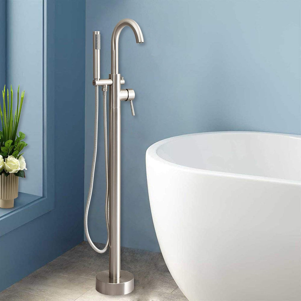 Woodbridge F0001 BN Freestanding Tub Filler Bathtub Brushed Nickel Floor Mount Brass Bathroom Faucets with Hand Shower
