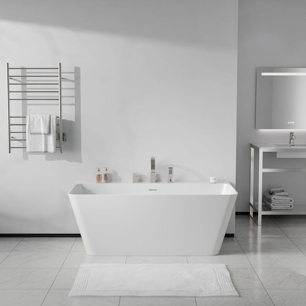 Vault Series 59 in. x 30 in. Flat Bottom Acrylic Freestanding Soaking Bathtub with Center Drain, Brushed Nickel Faucet