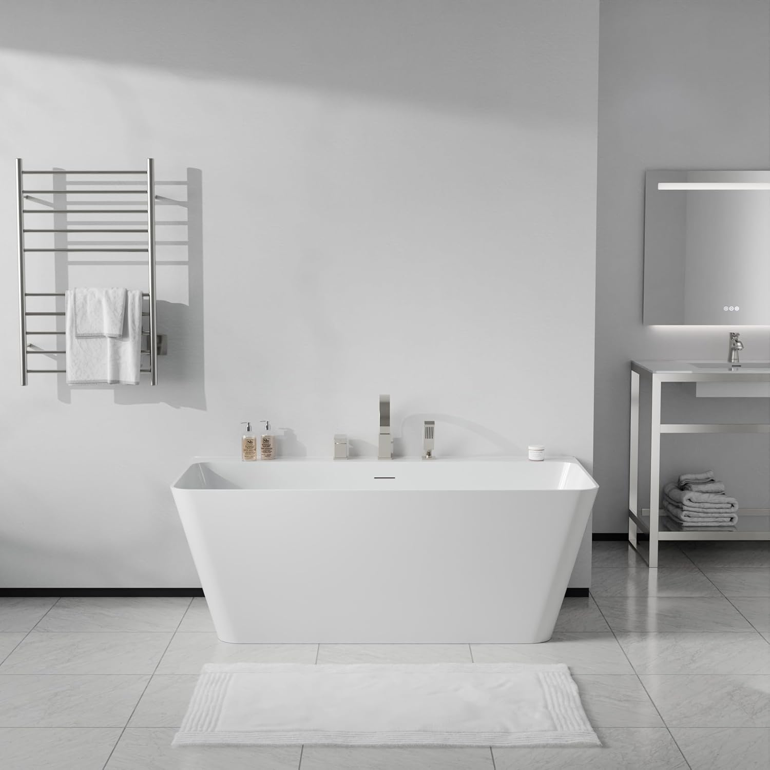 Vault Series 59 in. x 30 in. Flat Bottom Acrylic Freestanding Soaking Bathtub with Center Drain, Brushed Nickel Faucet
