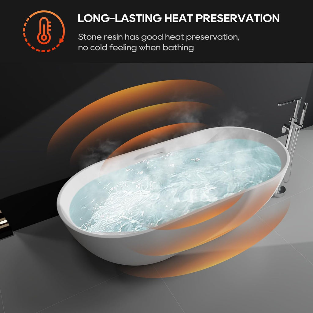 SJ STAR&JANE 69' Solid Surface Freestanding Bathtub, Matte White Oval Stone Resin Soaking Tub Stand Alone Tub with Overflow and Pop-up Drain for Modern Bathrooms