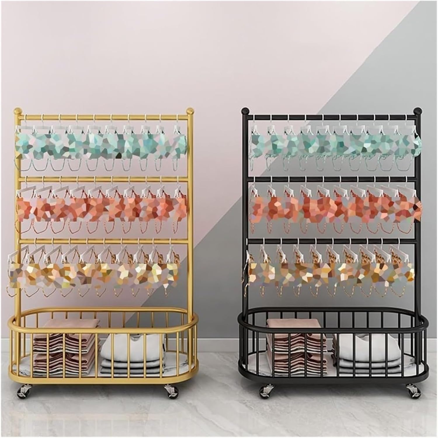 Clothes Rail Garment Rack 3-Tier Floor-Standing Bra Rack, Metal Underwear Panty Shorts Display Stand with Wheels, Storage Shelf for Bedroom/Boutique/C