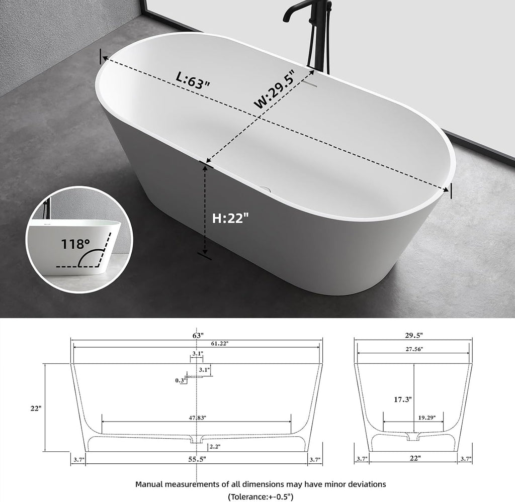 63'' Freestanding Bathtub Solid Surface Matte Bathroom Bathtub Soaking Tubs Resin Stone Bathtubs Oval Soak Tubs with Overflow and Pop-up Drain - White…
