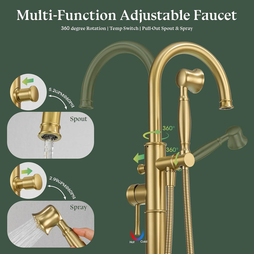 Free Standing Tub Faucet, Wintap Classic Freestanding Bathtub Faucet with Sprayer Brass Elegant Floor Mount Bath Faucets High Flow Roman Tub Filler, Brushed Gold （WT-3311BG）
