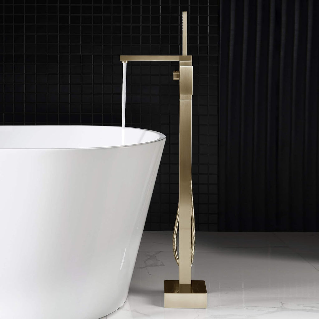 WOODBRIDGE F0008BG Contemporary Single Handle Floor Mount Freestanding Tub Filler Faucet with Hand Shower in Brushed Gold Finish