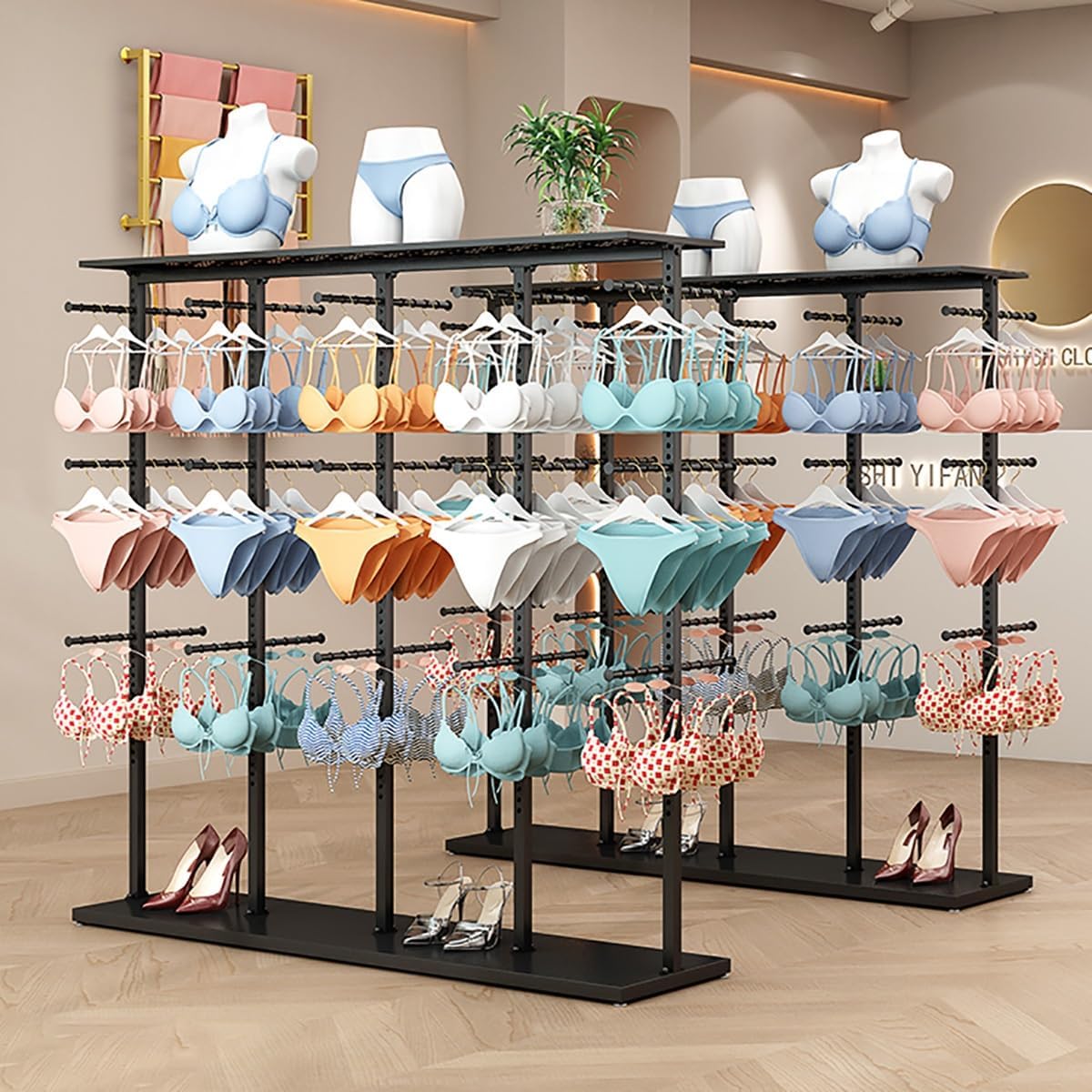 Underwear Display Rack, Coat Rack Stand with Adjustable Shelf Spacing, Freestanding Clothing Store Boutiques Retail Lingerie Garment Racks for Socks Bra Panties(Gold)