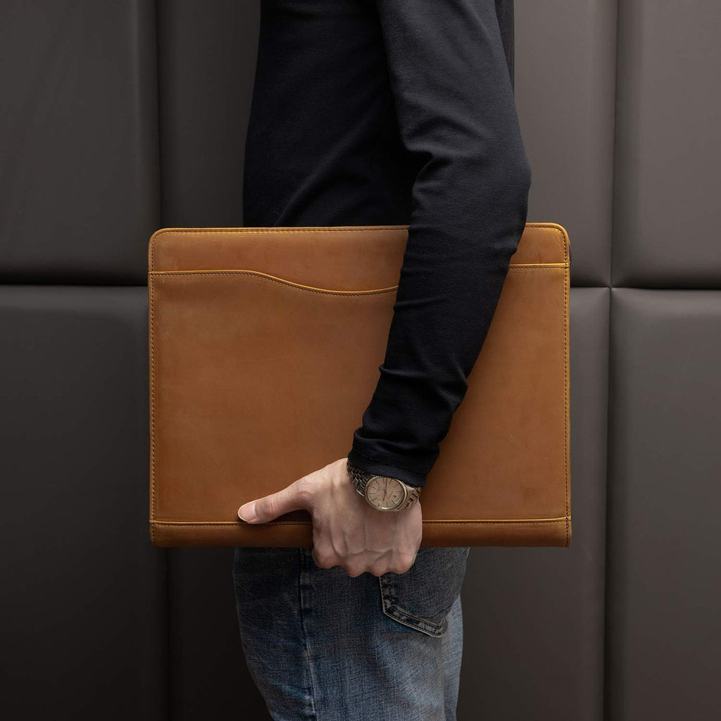 YIWEN Personalized Leather 3 Ring Binder Portfolio with Front Pocket, Zippered Padfolio for 8.5 x 11' Notepad and 13' Tablet, Professional Business Travel Organizer (Brown, Crazy Horse Leather)