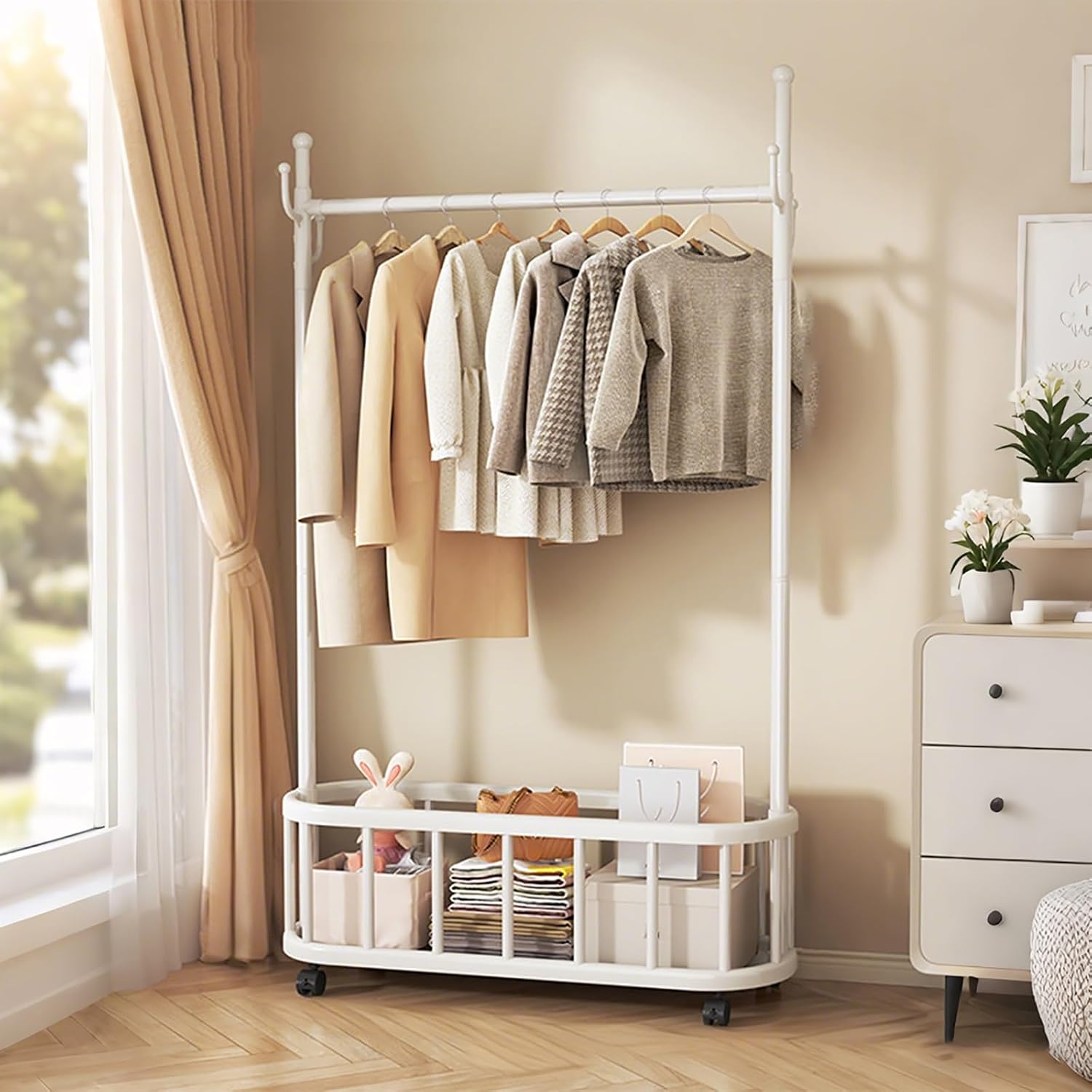 Rolling Clothes Rack With Wheels,Storage Basket,4 Hooks,Freestanding Garment Racks Hanger Stand,Coat Rack,Metal Organizer For Entryway Bedroom Living Room(White,80cm(31.5in))