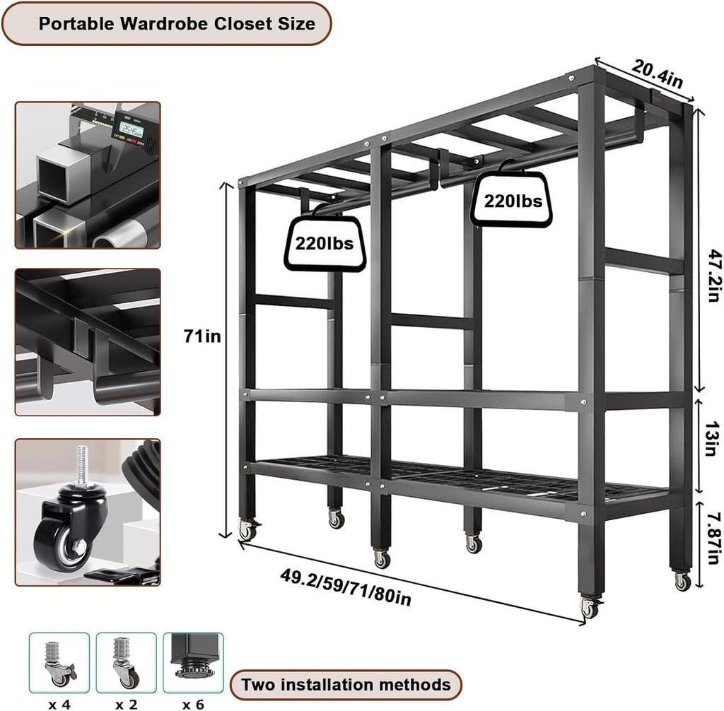 Rollable Clothes Rack, Portable Closet Clothes Rack Organizer for Hanging Clothes, Metal Clothes Rack with Wheels, Foldable Shelves, Freestanding Wardrobe with Dust Cover(180cm/71in)