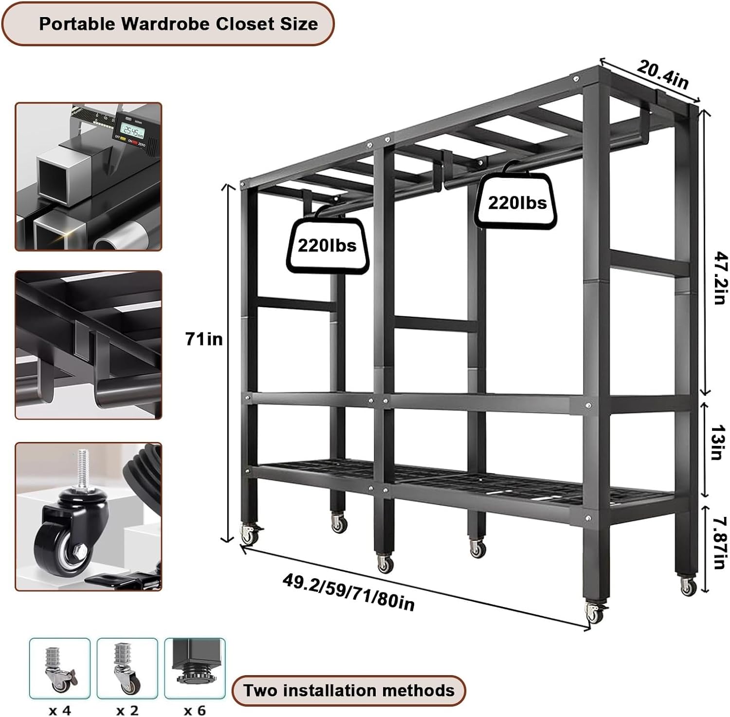 Rollable Clothes Rack, Portable Closet Clothes Rack Organizer for Hanging Clothes, Metal Clothes Rack with Wheels, Foldable Shelves, Freestanding Wardrobe with Dust Cover(180cm/71in)