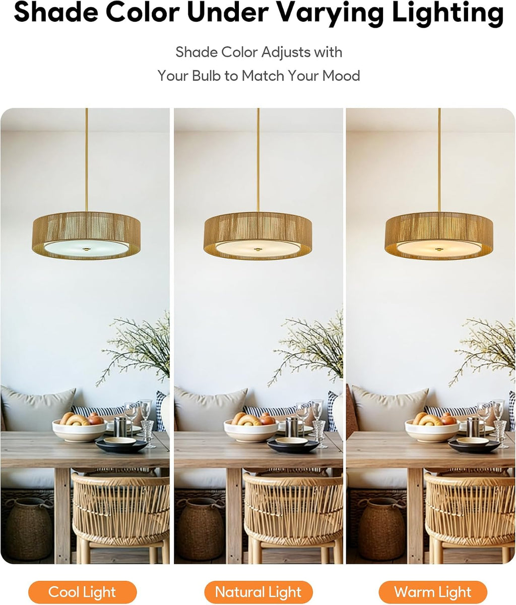 VONLUCE 20' Boho Rattan Chandelier, 4-Light Drum Chandelier with 2-Tier Woven Lampshade, Rattan Ceiling Light for Dining Room Bedroom Living Room with E26 Sockets, Gold Finish, ETL Certified
