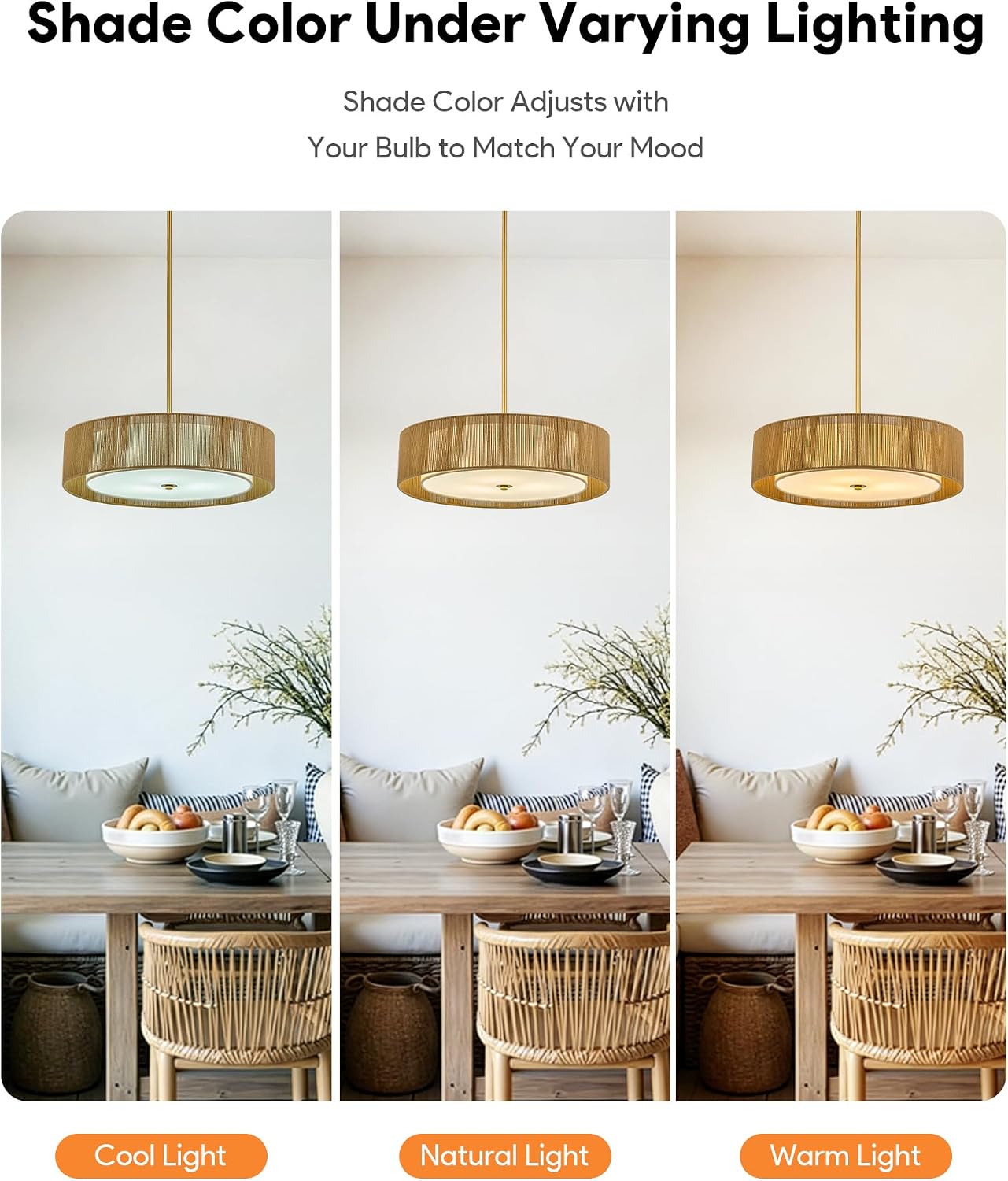 VONLUCE 20' Boho Rattan Chandelier, 4-Light Drum Chandelier with 2-Tier Woven Lampshade, Rattan Ceiling Light for Dining Room Bedroom Living Room with E26 Sockets, Gold Finish, ETL Certified