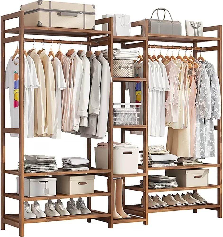 Floor-Standing Solid Wood Rotating Coat Rack，Natural Bamboo Coat Rack Stand with Hanging Rod, 2 Shelves & Hooks - Freestanding Garment Rack for Bedroom, Hallway & Entryway - Eco-Friendly, St