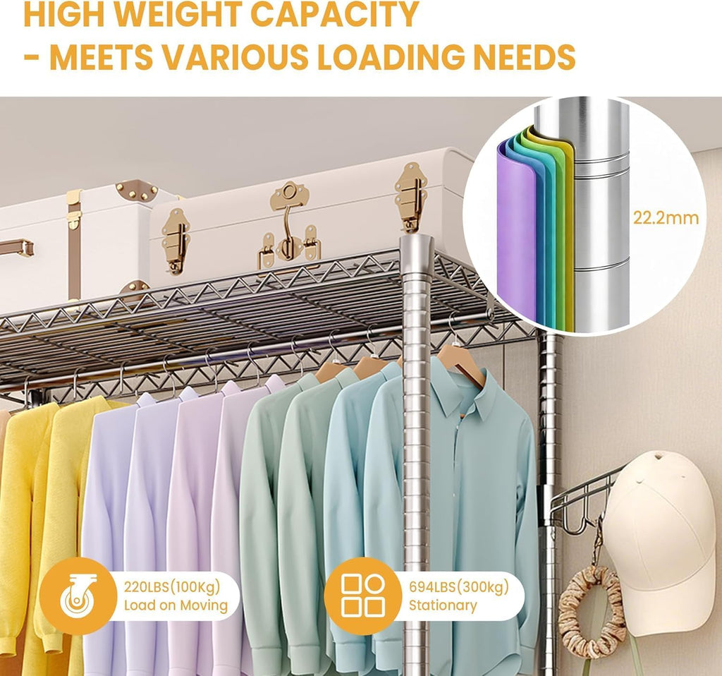 3-Tier Rolling Garment Rack, Heavy Duty Clothing Organizer with Adjustable Shelves & Dual Hanging Rods, Freestanding Metal Rack with Locking Casters for Bedroom, Closet, Dorm, Laundry Room - Silver