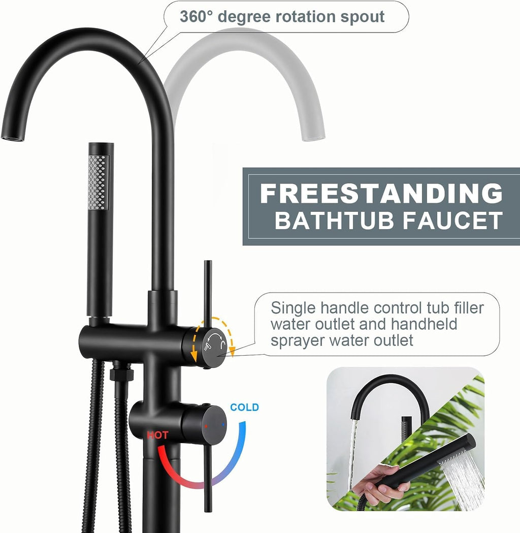 Freestanding Tub Filler Faucet, Floor Mount Matte Black Bathtub Faucet with Single Handheld Shower, Brass Shower Tub Faucet Set Complete, Bathtub Faucet with Shower