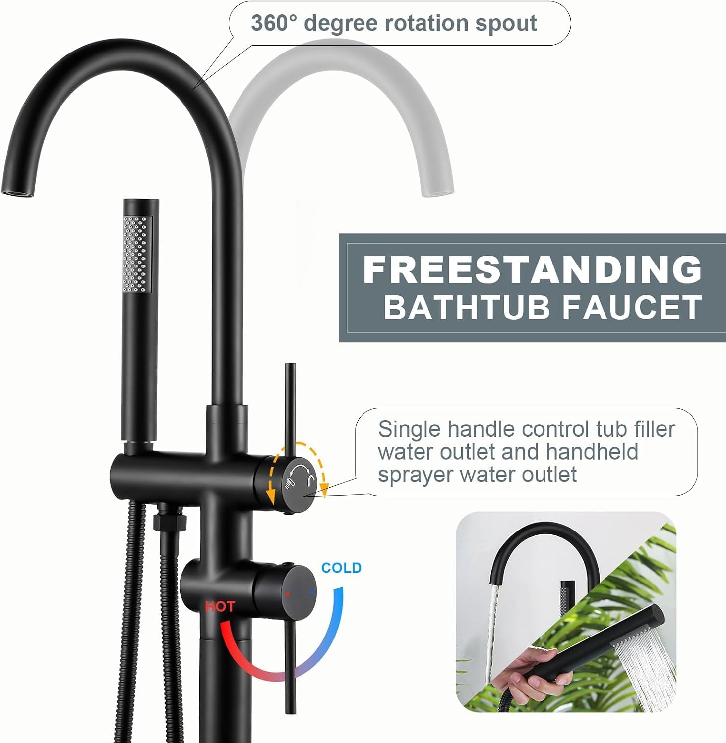 Freestanding Tub Filler Faucet, Floor Mount Matte Black Bathtub Faucet with Single Handheld Shower, Brass Shower Tub Faucet Set Complete, Bathtub Faucet with Shower