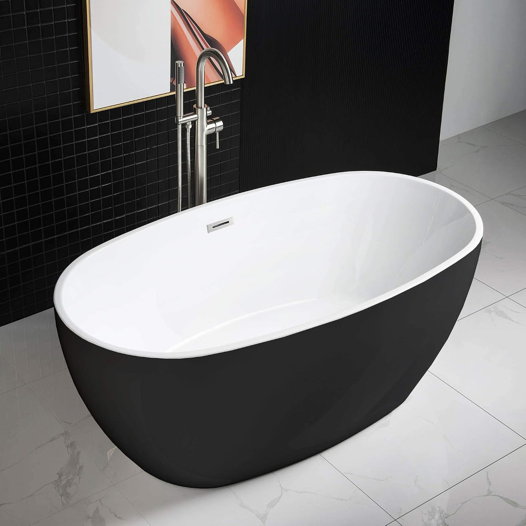 WOODBRIDGE 59' Acrylic Freestanding Bathtub Contemporary Soaking Black Tub with Brushed Nickel Overflow and Drain，B1818 Black -B/N-Drain &O